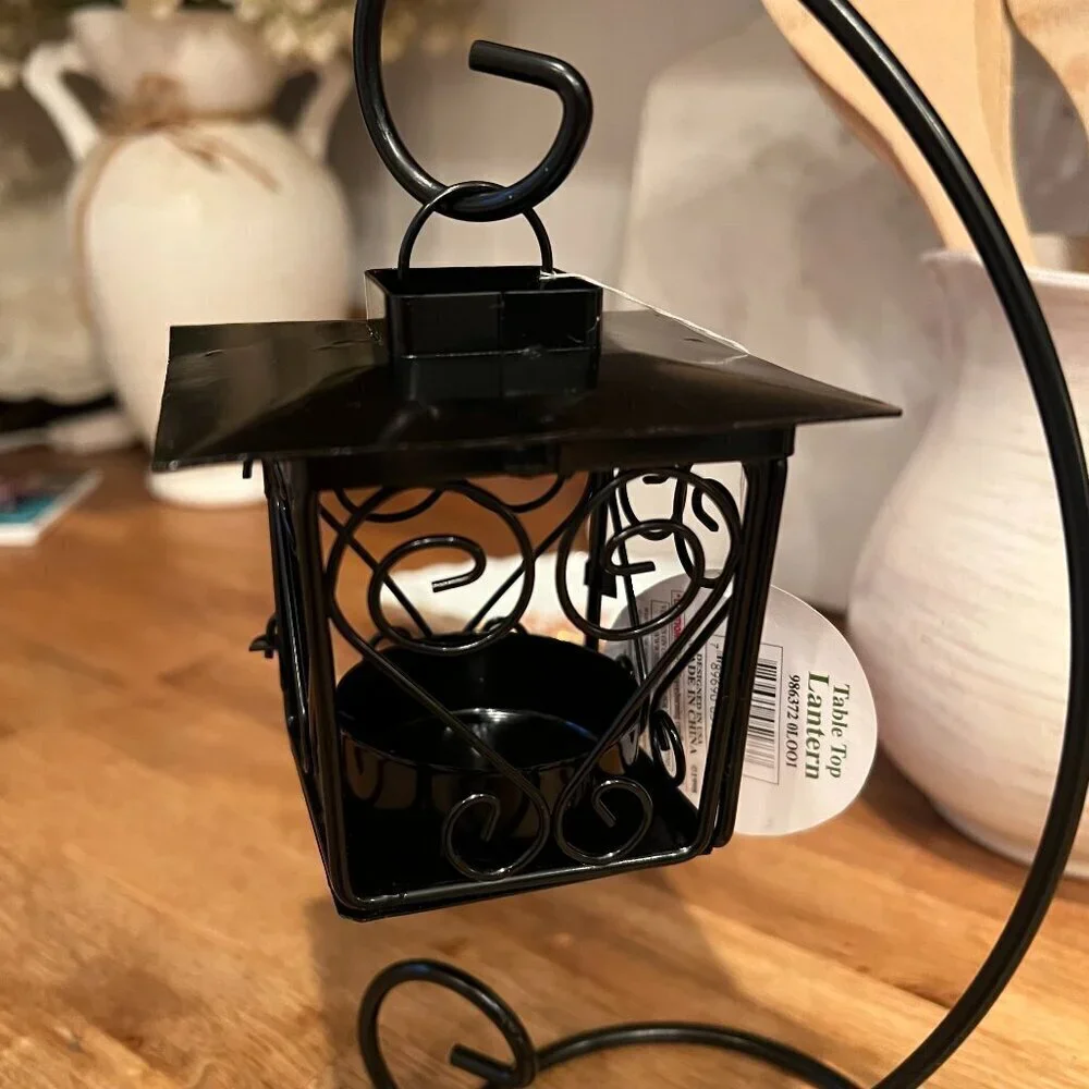 Mid-Century Modern Metal Black Bird House Cage Tea Light Hanging Lantern w/Stand
